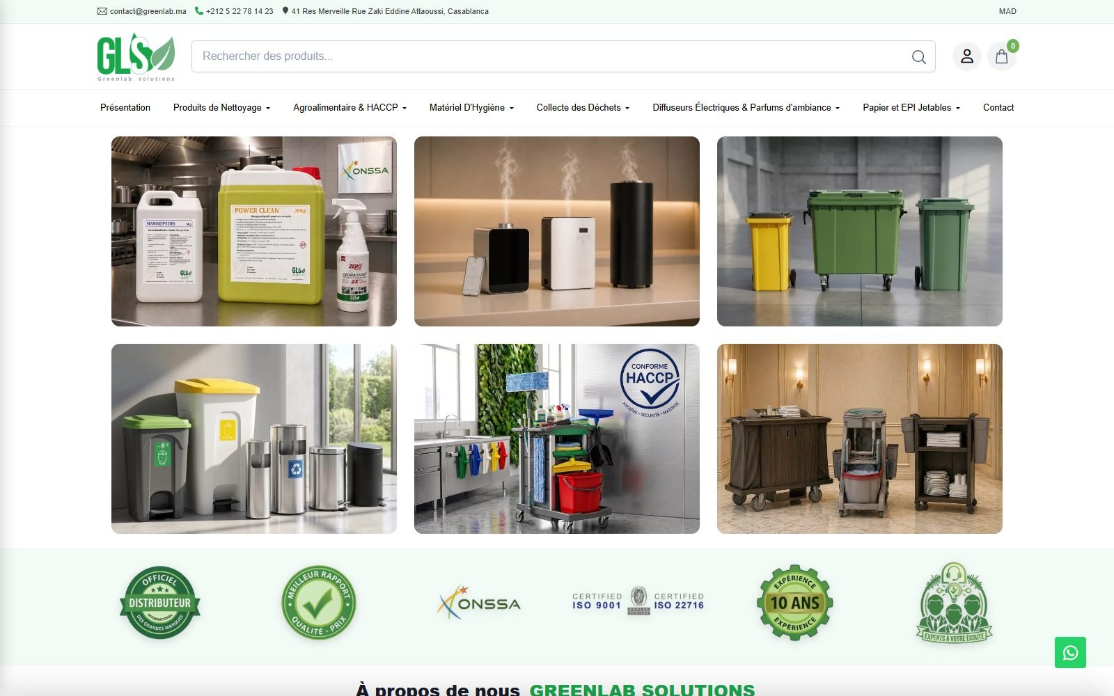 Page d’accueil du site Greenlab Solutions présentant les gammes de produits d’hygiène professionnelle