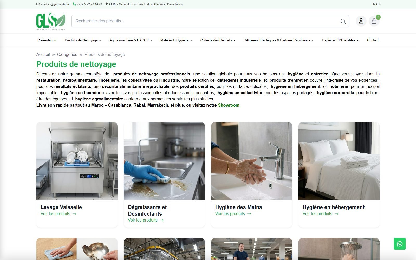 Page de la catégorie Produits de nettoyage avec texte de présentation et sous-catégories