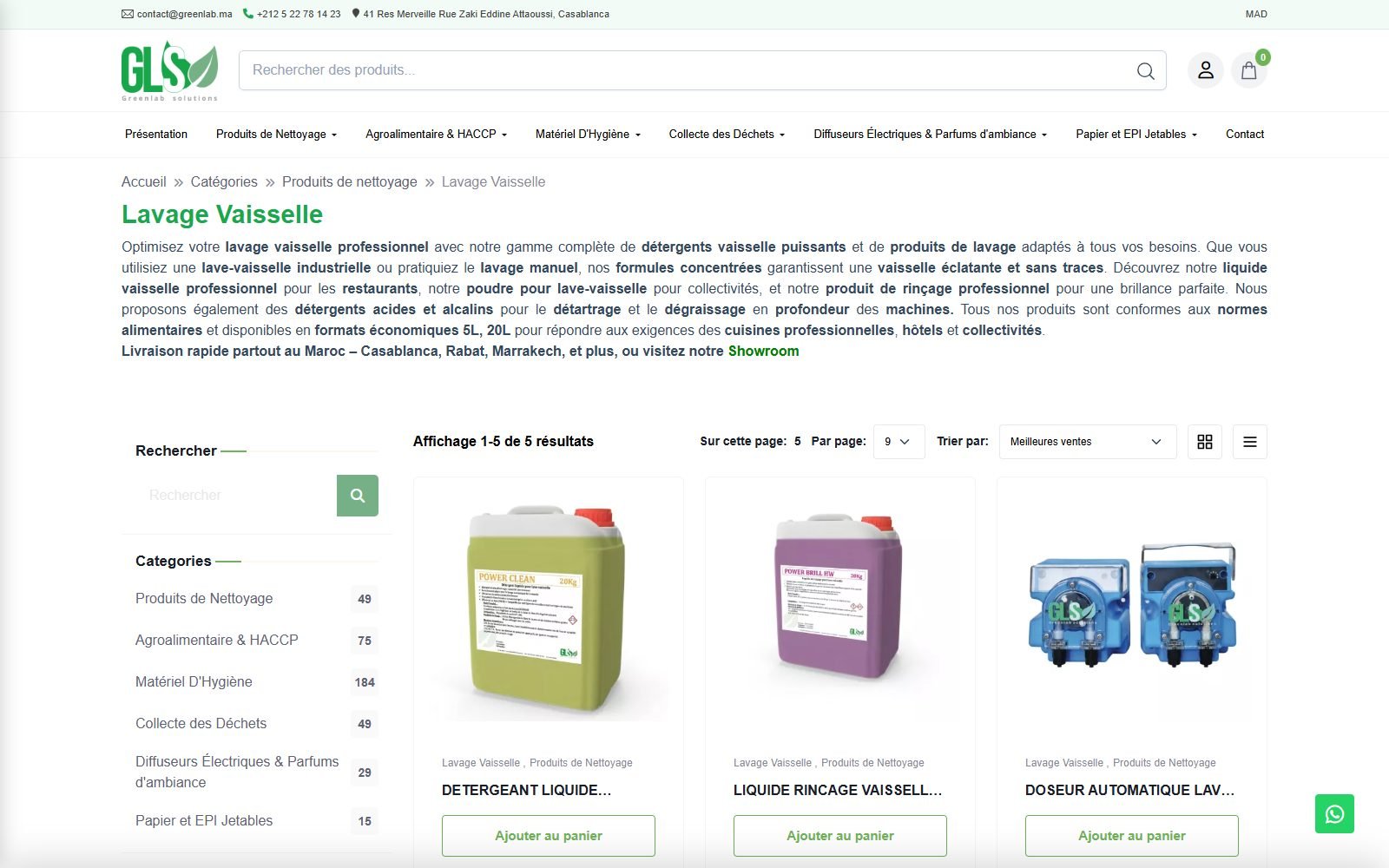 Liste des produits Lavage vaisselle avec recherche, filtres par catégorie et options de tri